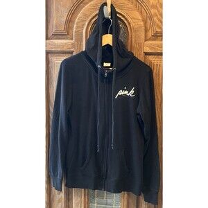 Victoria's Secret Pink Women's Black Full Zip Hooded Sweatshirt Sz S Logo Pocket
